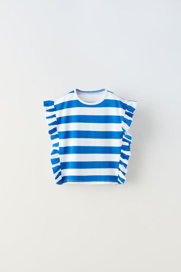 ZARA STRIPED T-SHIRT WITH RUFFLE TRIMS (BLUE)
