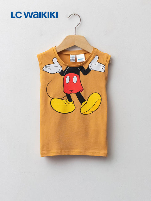 LC Waikiki Yellow Crew Neck Mickey Mouse Printed Cotton Baby Boy Tank Top