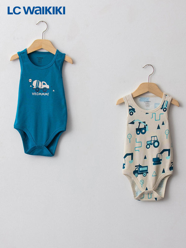 LC Waikiki Blue Crew Neck Printed Cotton Baby Boy Snap Bodysuit 2-Pack