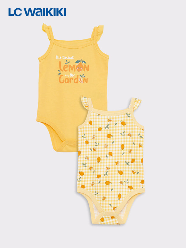 LC Waikiki Yellow Square Neck Strappy Cotton Printed Baby Girl Snap Bodysuit 2-Pack