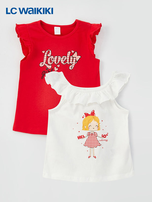 LC Waikiki Ecru Crew Neck Printed Baby Girl Tank Top 2-Pack