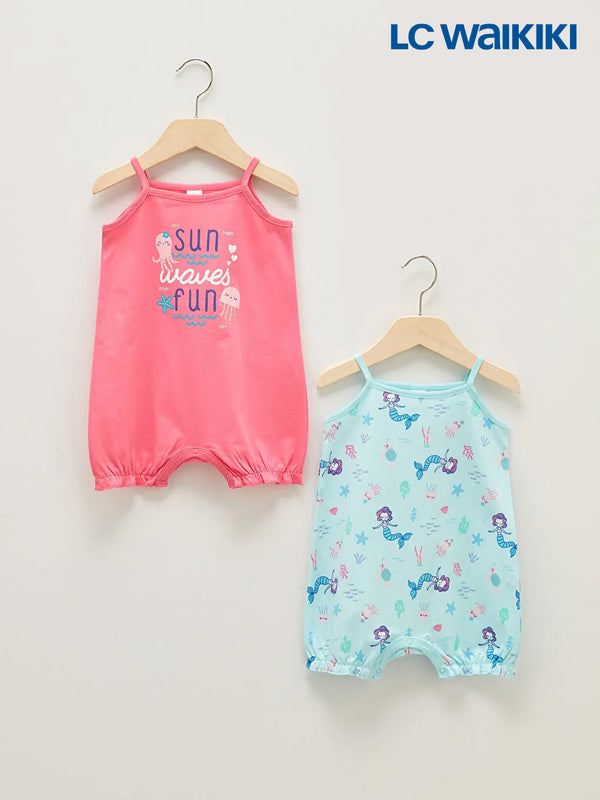 LC Waikiki Pink Square Neck Strap Printed Baby Girl Jumpsuit 2-Pack