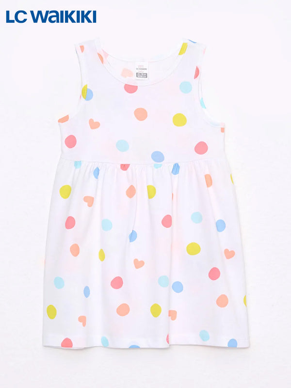 LC Waikiki Ecru Crew Neck Printed Baby Girl Dress