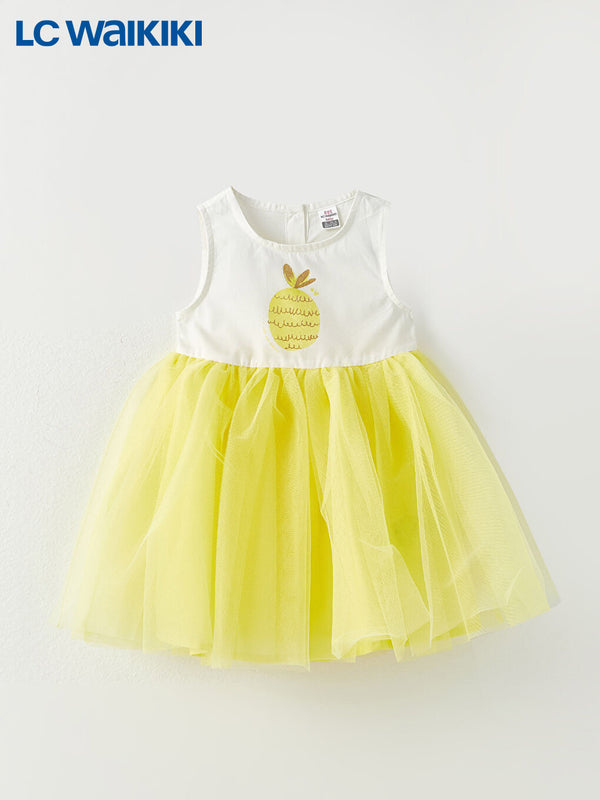 LC Waikiki Ecru Crew Neck Printed Baby Girl Dress