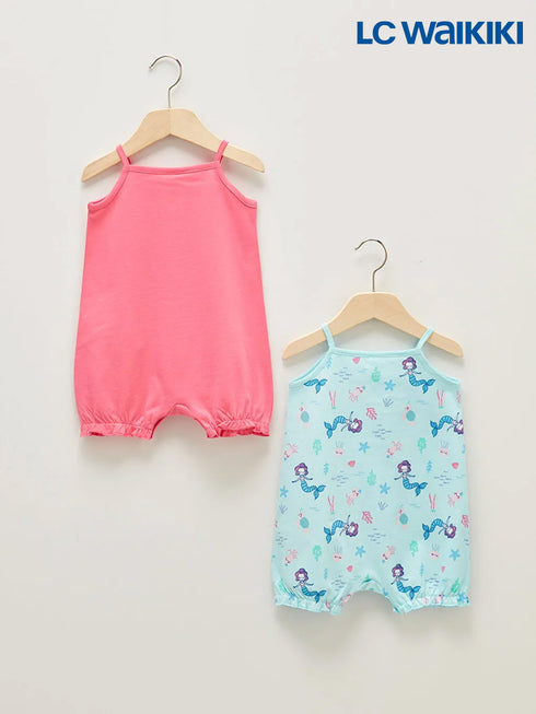 LC Waikiki Pink Square Neck Strap Printed Baby Girl Jumpsuit 2-Pack