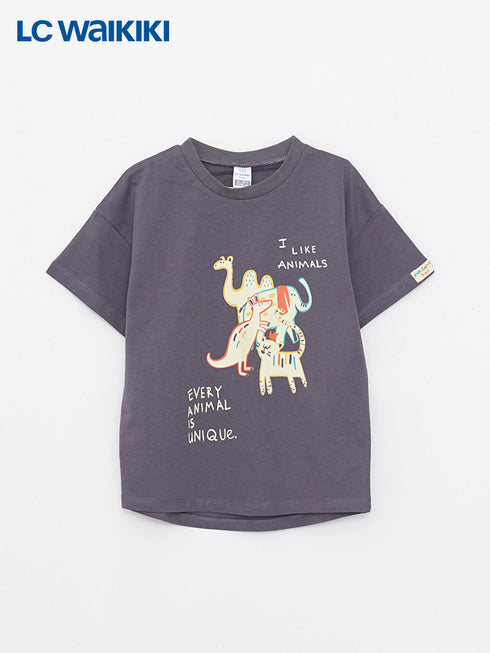 LC Waikiki Anthracite Crew Neck Short Sleeve Printed Baby Boy T-Shirt and Pants 2-Piece Set