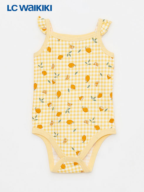 LC Waikiki Yellow Square Neck Strappy Cotton Printed Baby Girl Snap Bodysuit 2-Pack