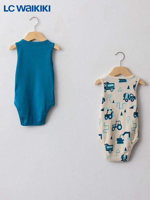 LC Waikiki Blue Crew Neck Printed Cotton Baby Boy Snap Bodysuit 2-Pack