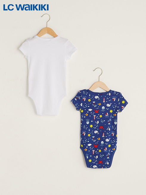 LC Waikiki White Crew Neck Short Sleeve Printed Cotton Unisex Baby Snap Bodysuit 2-Pack
