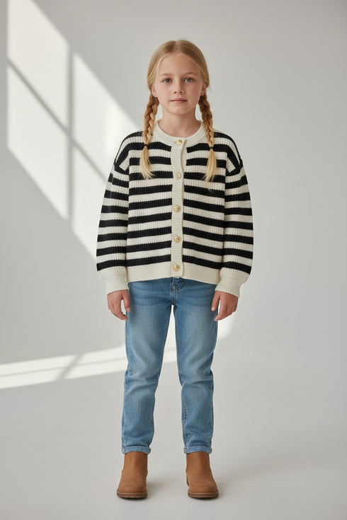 Girls Striped Winter Sweater – Warm Knit Cardigan For Kids | Black & White | Winter Collection