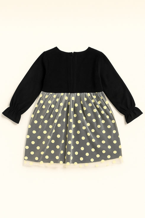 Girls Black Velvet Polka Dot Party Dress Winter Wear for Kids