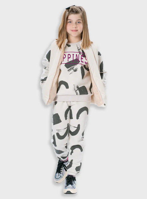Fleece tracksuit set with print for girls | CREAM