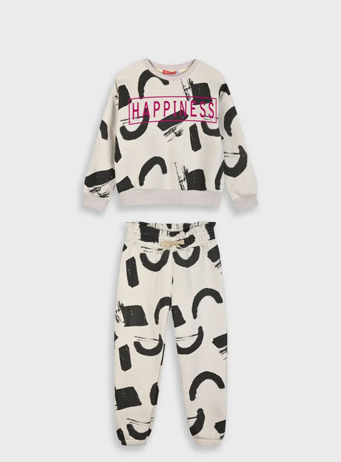 Fleece tracksuit set with print for girls | CREAM