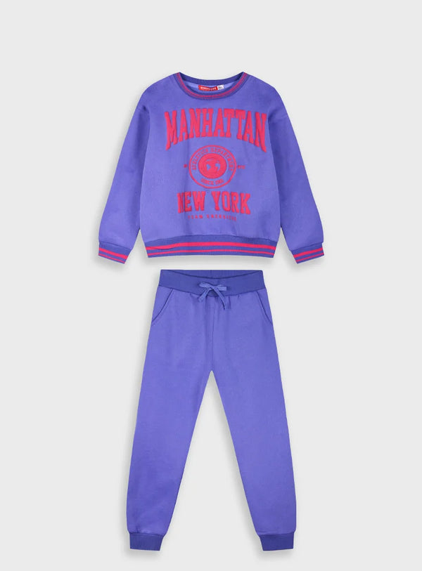 Fleece tracksuit set with print for girls | PURPLE