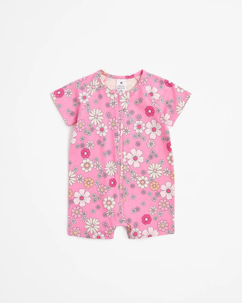 Baby Organic Cotton Zip Romper - Flowers Pink