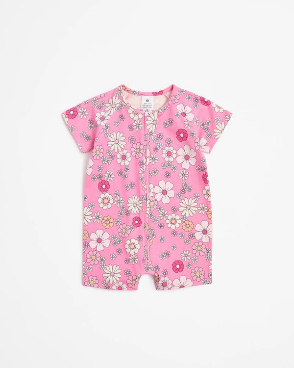Baby Organic Cotton Zip Romper - Flowers Pink
