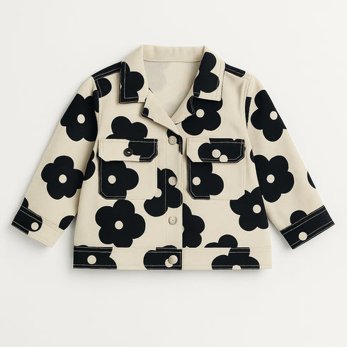 Girls Denim Jacket β Beige with Black Flower Print Stylish Casual Outerwear