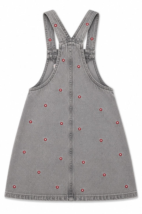 Zeemam Girls Floral Embroidered Denim Pinafore Dress – Washed Grey