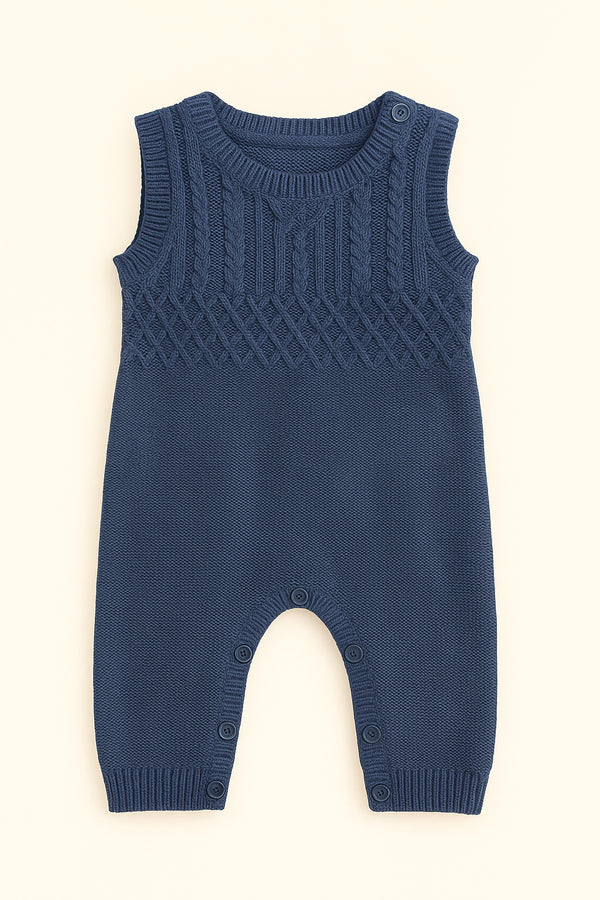 Navy Blue Knitted Baby Romper – Soft Cotton Winter Jumpsuit for Newborn & Infant Boys