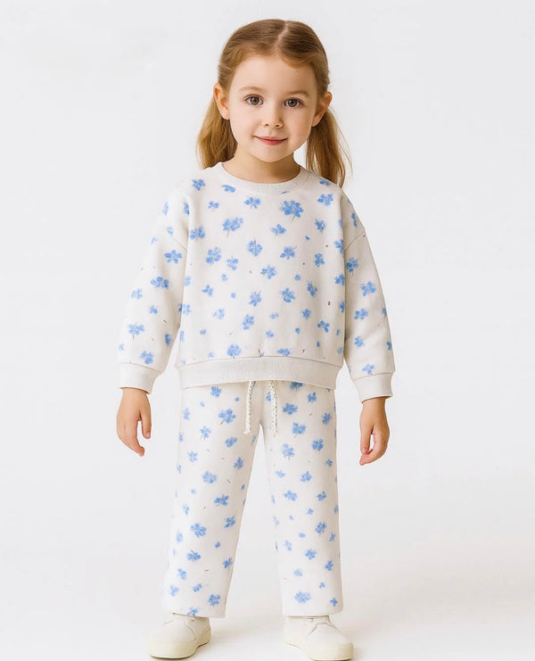 OVERALL FLORAL PLUSH SWEATSHIRT WITH TROUSER SET