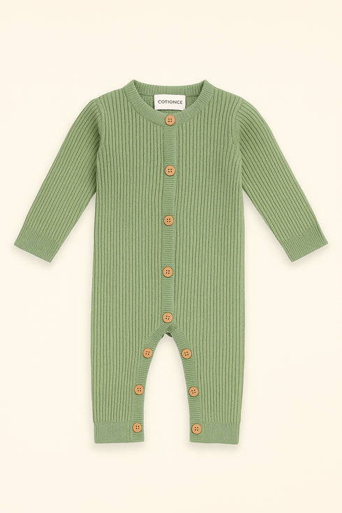 Baby Ribbed Cotton Romper – Full Sleeves, Front Button Closure | Newborn & Kids Jumpsuit
