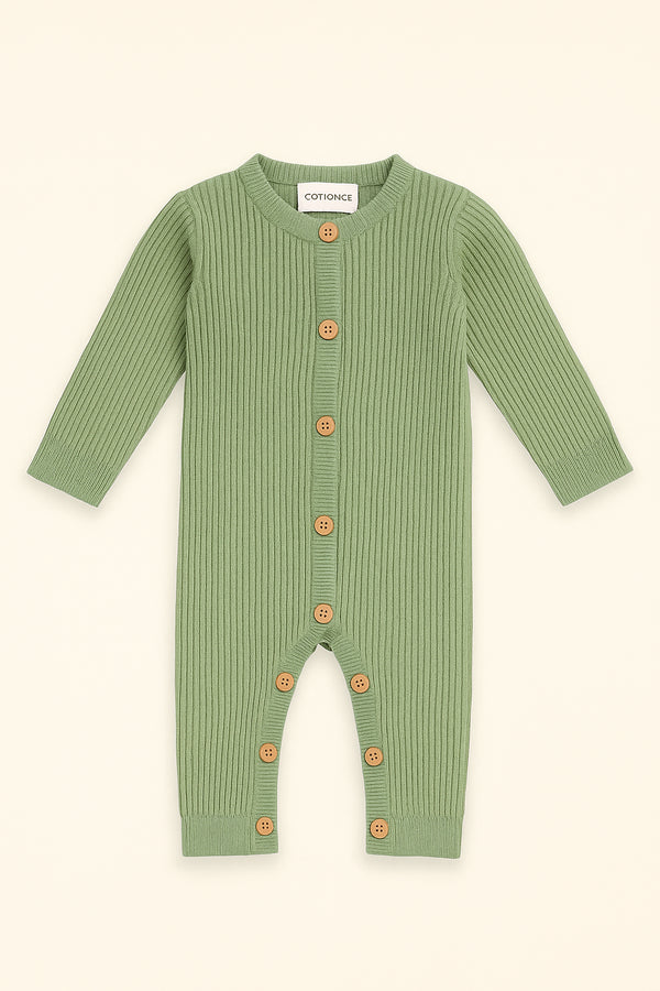 Baby Ribbed Cotton Romper – Full Sleeves, Front Button Closure | Newborn & Kids Jumpsuit