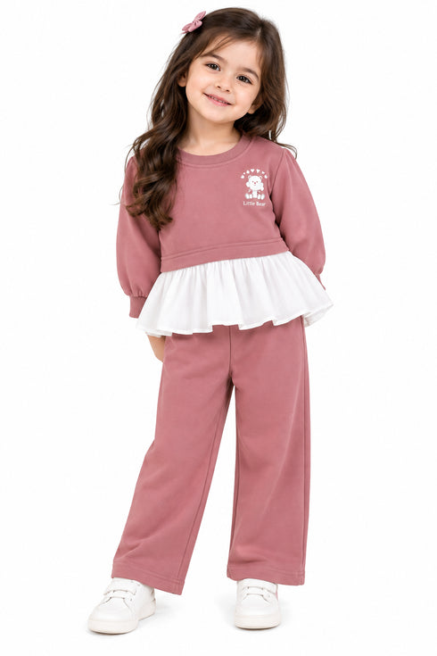 Lefties Girls Little Bear Ruffle Top & Wide-Leg Pants Set