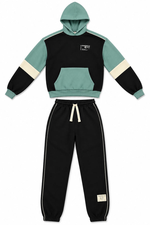 Minoti Boys Champion Colour Block Hoodie & Joggers Tracksuit Set – Mint Green & Black
