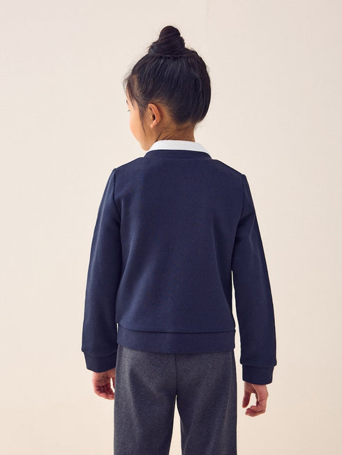 Navy Blue Cotton Rich Frill Pocket Jersey School Cardigan