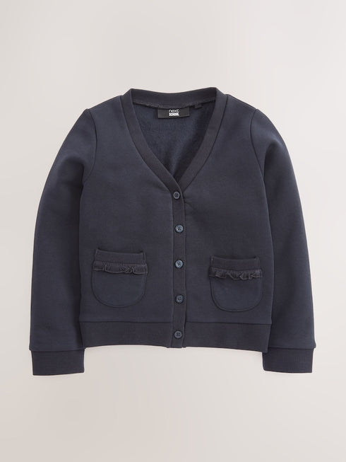 Navy Blue Cotton Rich Frill Pocket Jersey School Cardigan