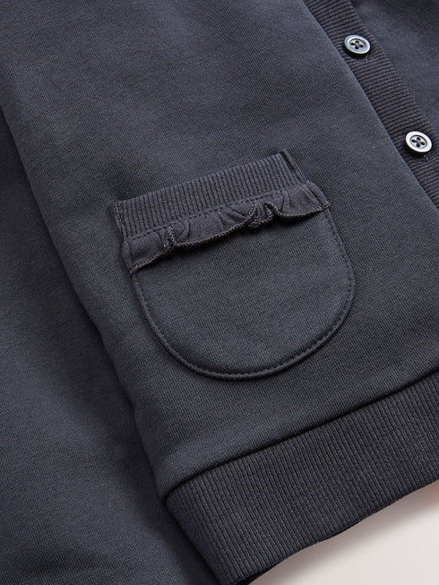 Navy Blue Cotton Rich Frill Pocket Jersey School Cardigan