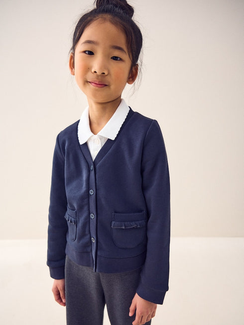 Navy Blue Cotton Rich Frill Pocket Jersey School Cardigan