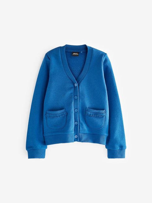 Blue Cotton Rich Frill Pocket Jersey School Cardigan