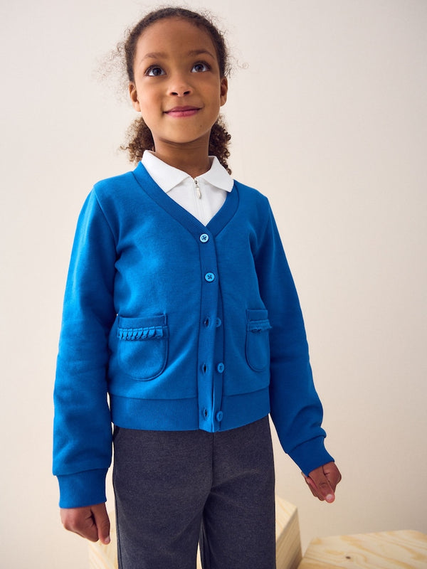 Blue Cotton Rich Frill Pocket Jersey School Cardigan