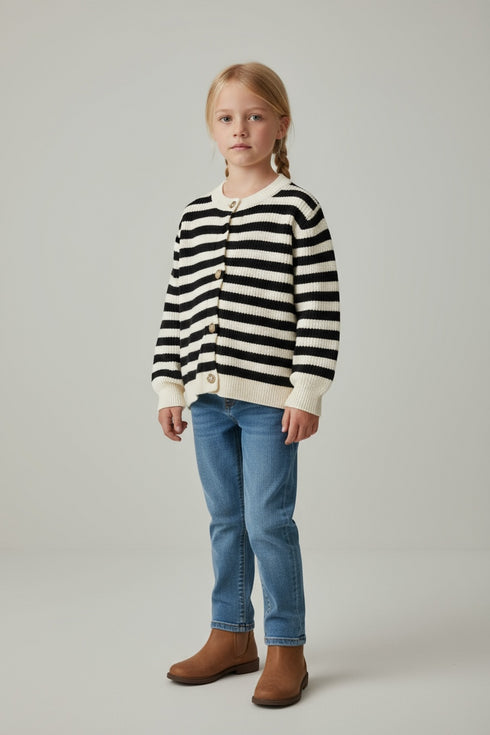 Girls Striped Winter Sweater – Warm Knit Cardigan For Kids | Black & White | Winter Collection