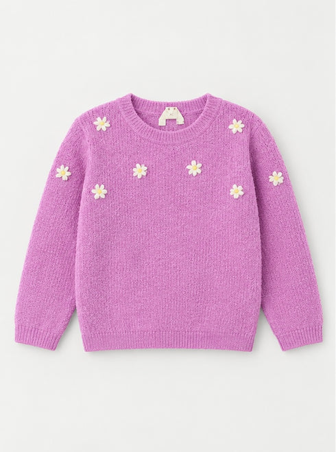 Girls Purple Daisy Knitted Sweater – Soft Winter Sweater for Kids