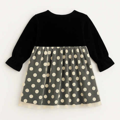 Girls Black Velvet Polka Dot Party Dress Winter Wear for Kids