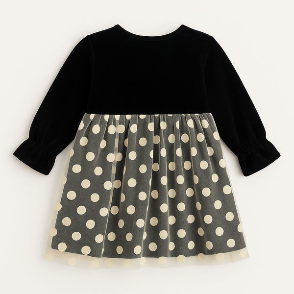 Girls Black Velvet Polka Dot Party Dress Winter Wear for Kids