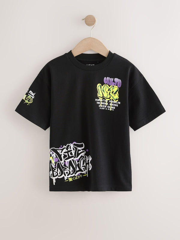 Next Black Graffiti Relaxed Fit Short Sleeve Graphic Print T-Shirt (3-16yrs)