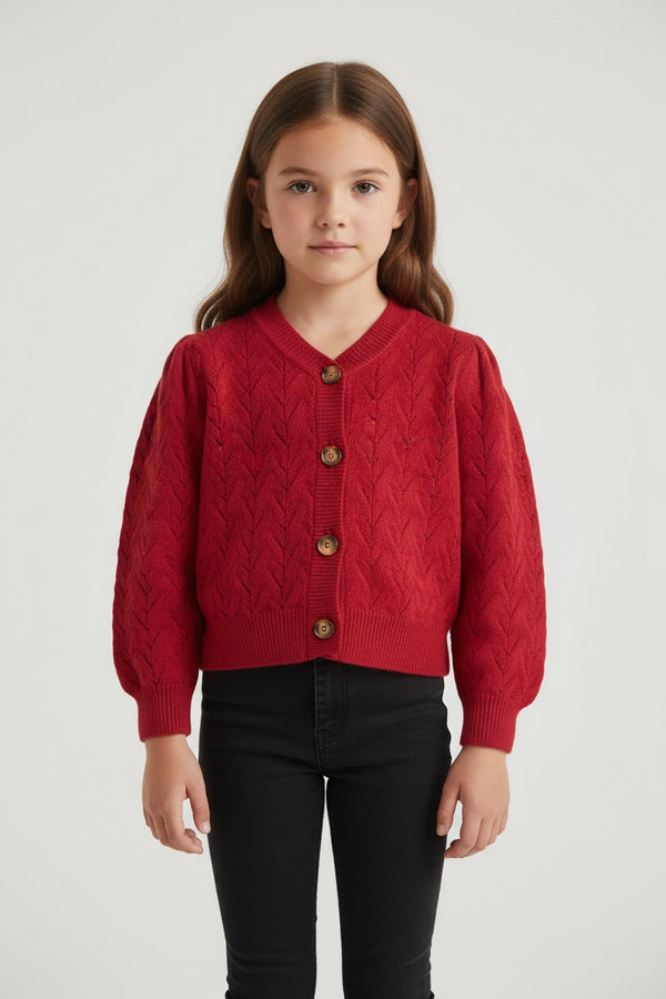 Girls Winter Knit Button Cardigan Sweater – Red | Warm Soft Wool Style for Kids