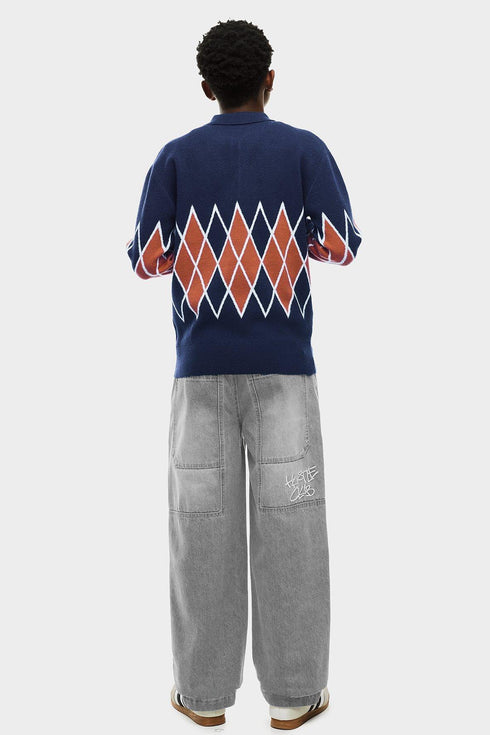 Boys Blue Printed Polo Collar Jumper
