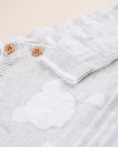 Baby Knitted Winter Romper | Warm Woolen Bodysuit for Newborn Boys & Girls | Soft Grey Teddy Design Jumpsuit