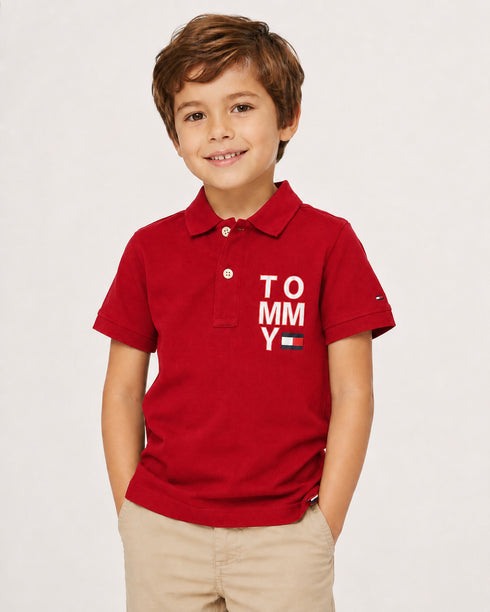 Tommy Hilfiger Kids Red Polo Shirt | Boys Short Sleeve Designer Polo Top | Branded Children’s Casual Shirt