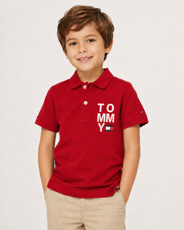 Tommy Hilfiger Kids Red Polo Shirt | Boys Short Sleeve Designer Polo Top | Branded Children’s Casual Shirt