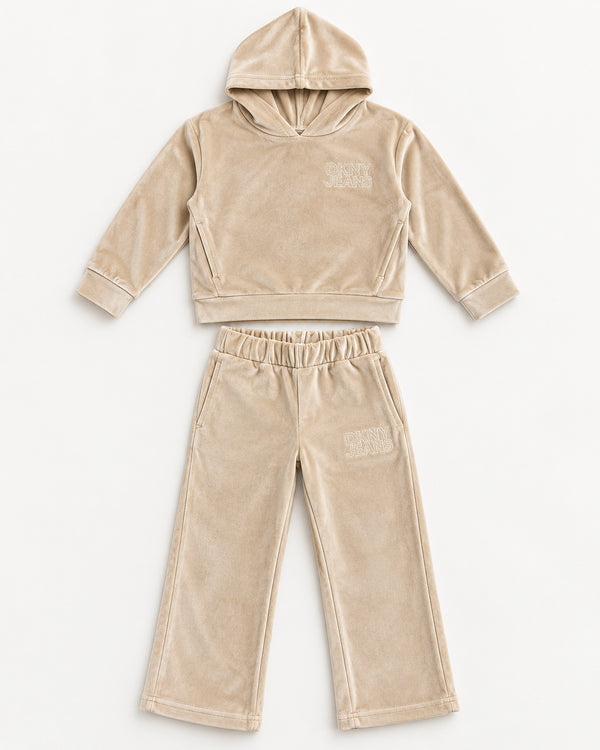 DKNY Girls Beige Velour Hoodie & Jogger Tracksuit Set