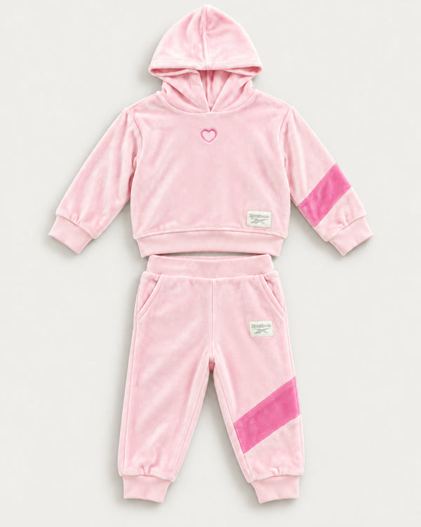 Reebok Girls Pink Velour Hoodie & Jogger Tracksuit Set