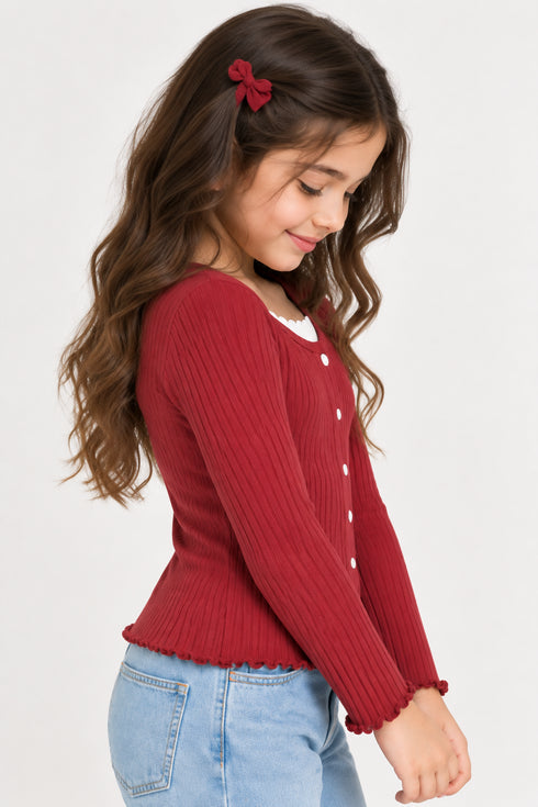 Tommy Hilfiger Girls Red Ribbed Button Front Top