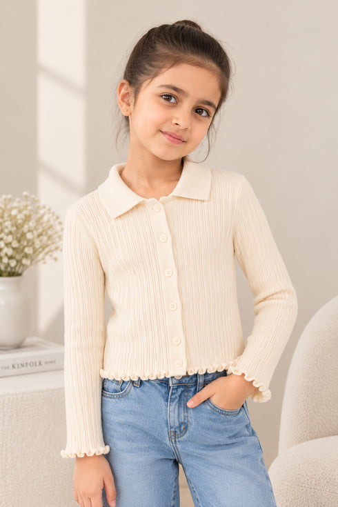 Calvin Klein Girls Cream Ribbed Collared Cardigan Top