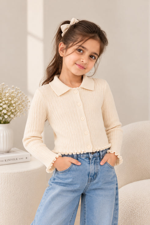 Calvin Klein Girls Cream Ribbed Collared Cardigan Top