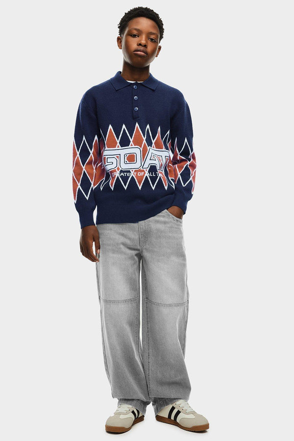 Boys Blue Printed Polo Collar Jumper